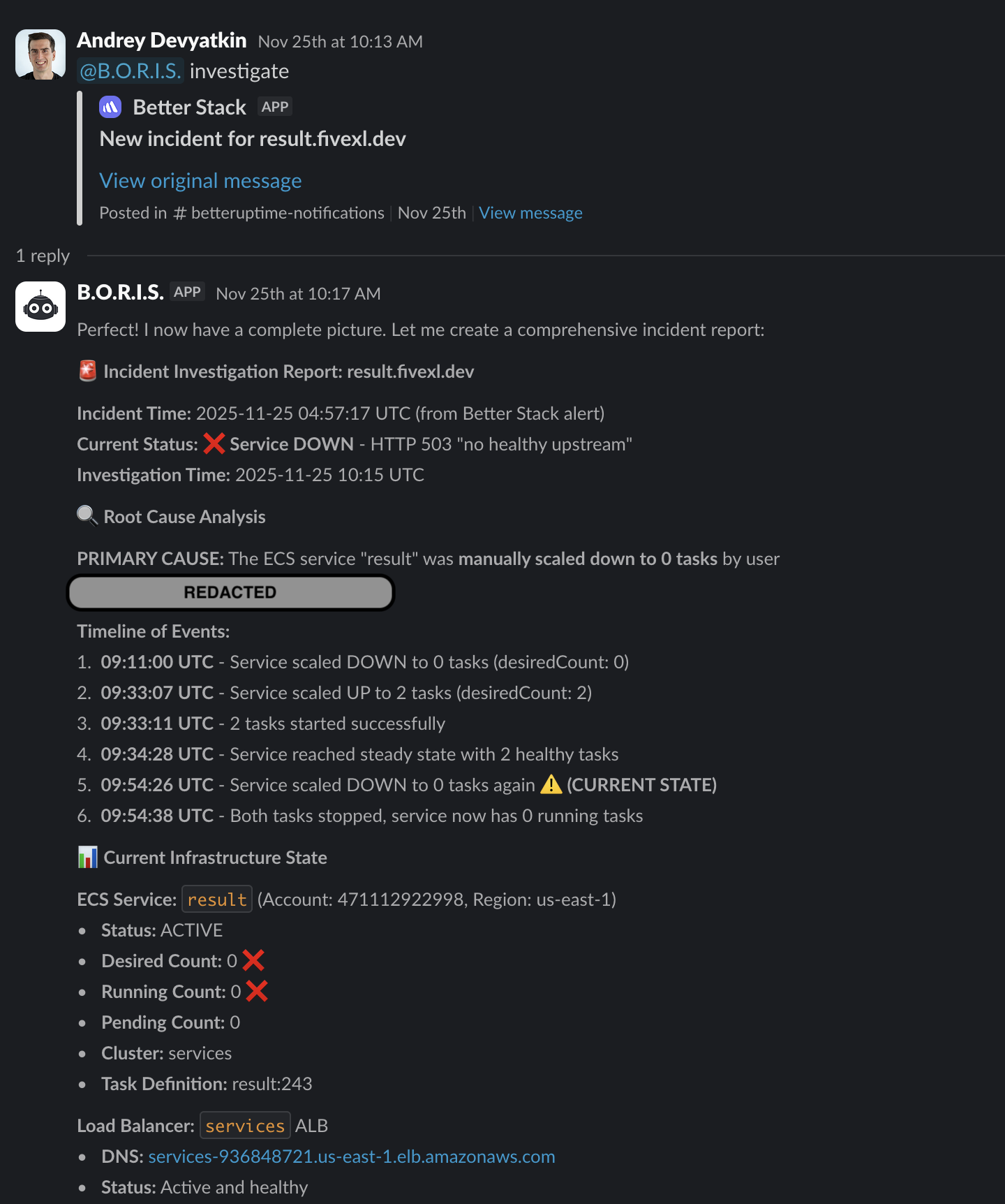 B.O.R.I.S investigating a Better Stack incident and providing comprehensive incident report with root cause analysis